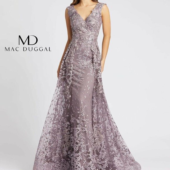 MAC DUGGAL 20099D BEADED COLUMN LACE OVERLAY SKIRT SMOKE PURPLE GOWN sz 12 - Picture 1 of 7
